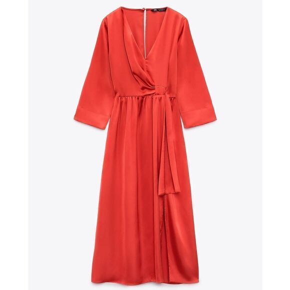 ZARA RED SATIN MIDI DRESS NEW - Picture 5 of 10